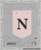 A taped needlepoint canvas with the design: Banner 13 mesh count Pointed N Black on Pink.