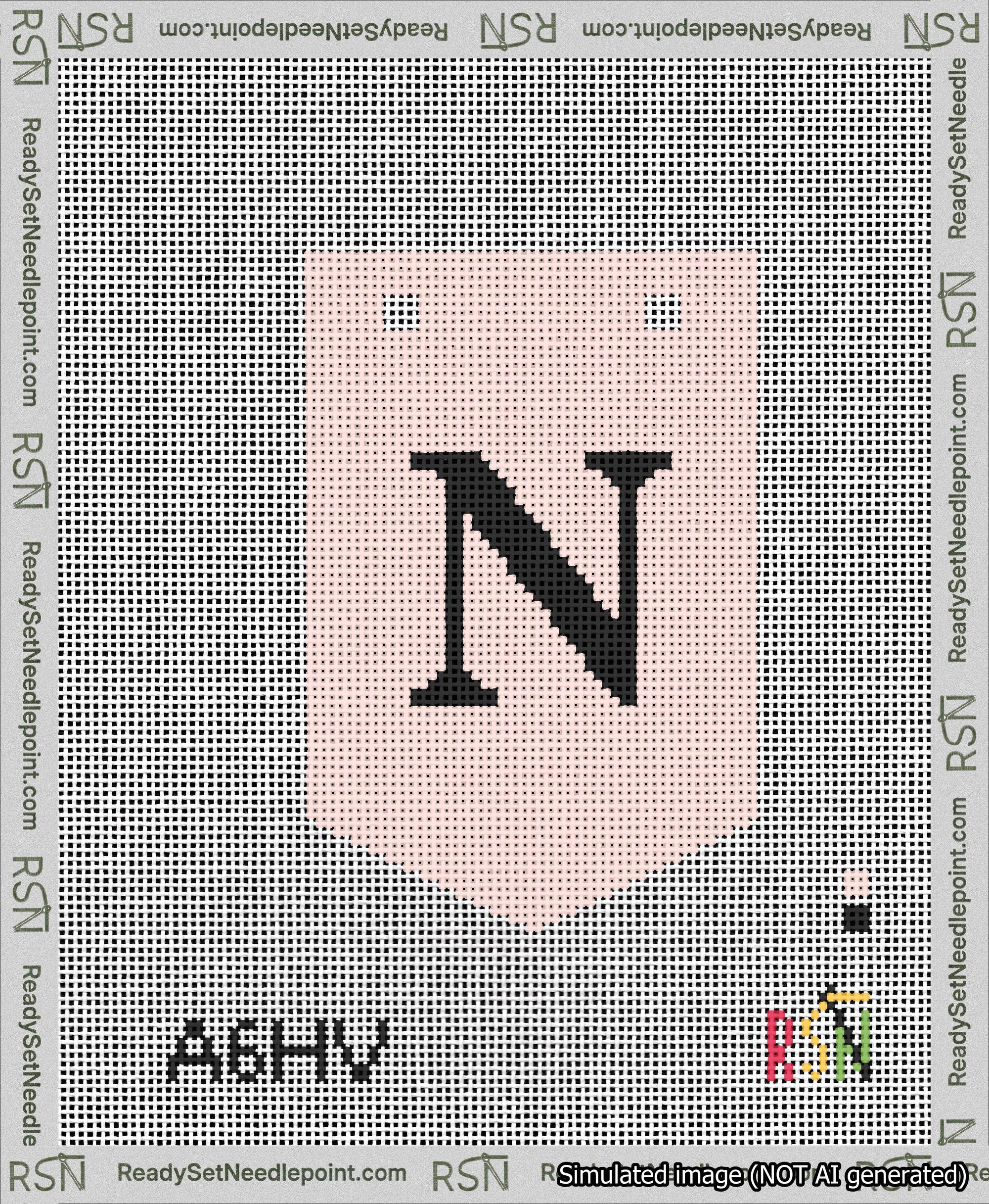 A taped needlepoint canvas with the design: Banner 13 mesh count Pointed N Black on Pink.