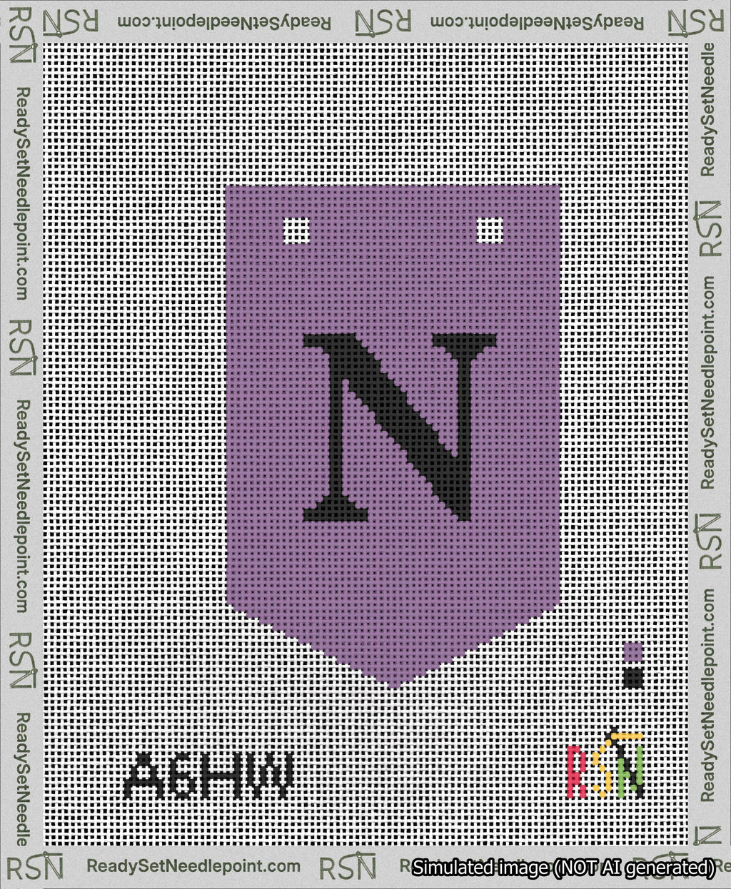 A taped needlepoint canvas with the design: Banner 13 mesh count Pointed N Black on Purple.