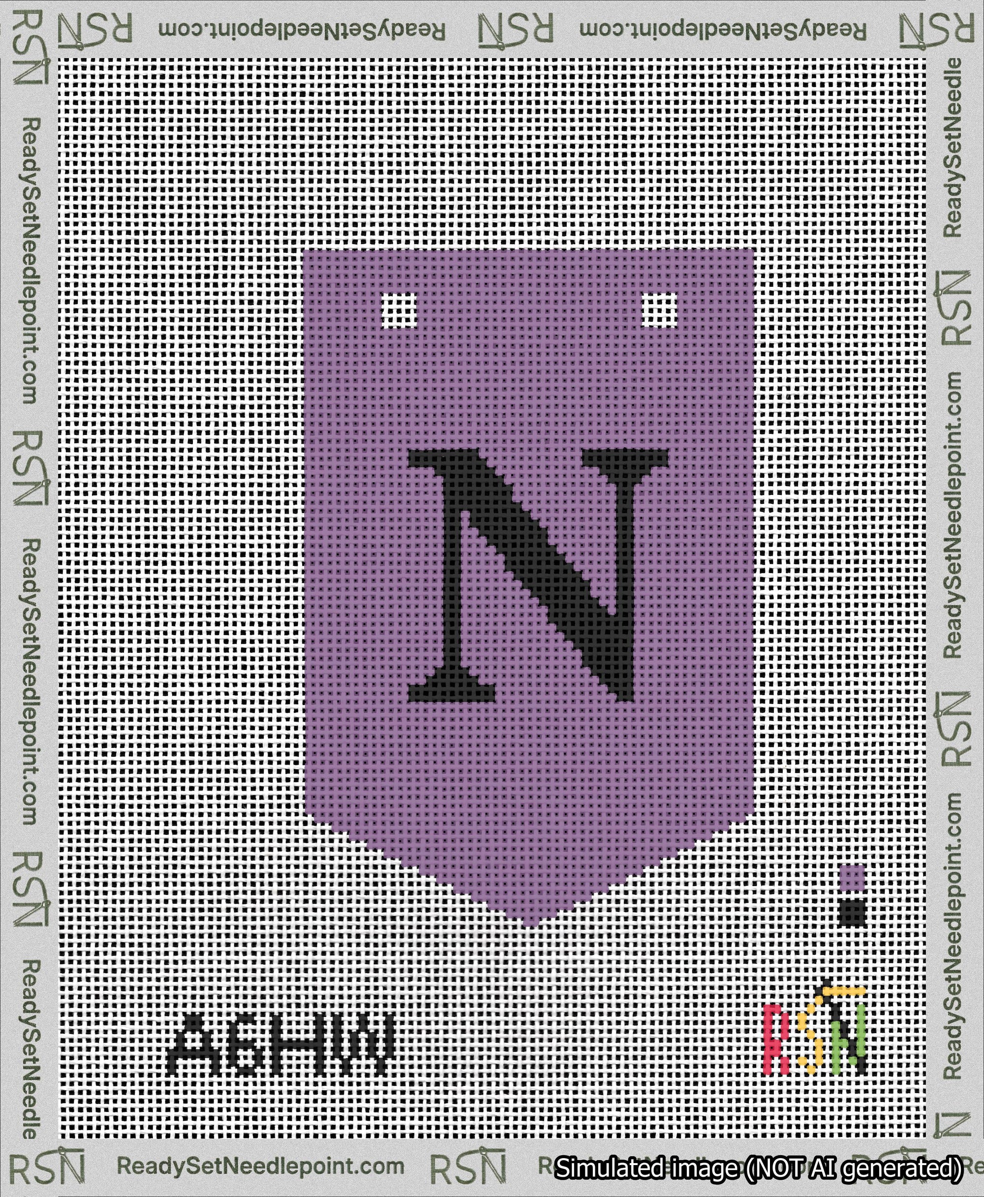 A taped needlepoint canvas with the design: Banner 13 mesh count Pointed N Black on Purple.