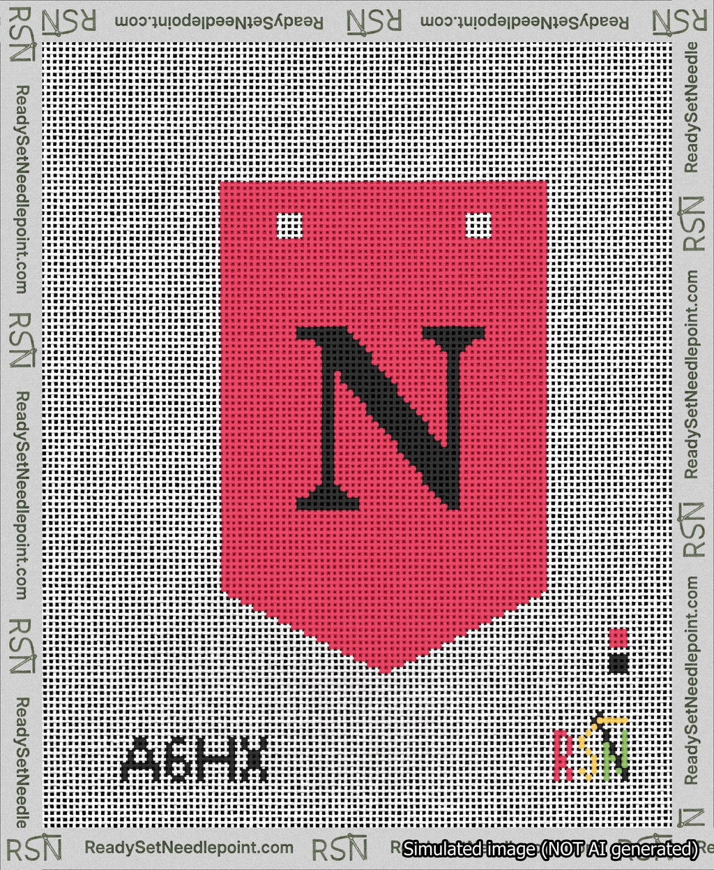 A taped needlepoint canvas with the design: Banner 13 mesh count Pointed N Black on Red.