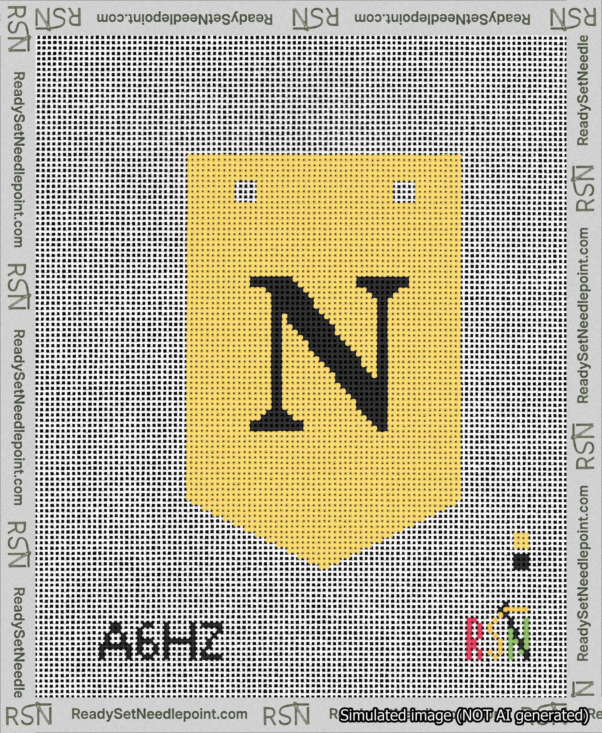 A taped needlepoint canvas with the design: Banner 13 mesh count Pointed N Black on Yellow.