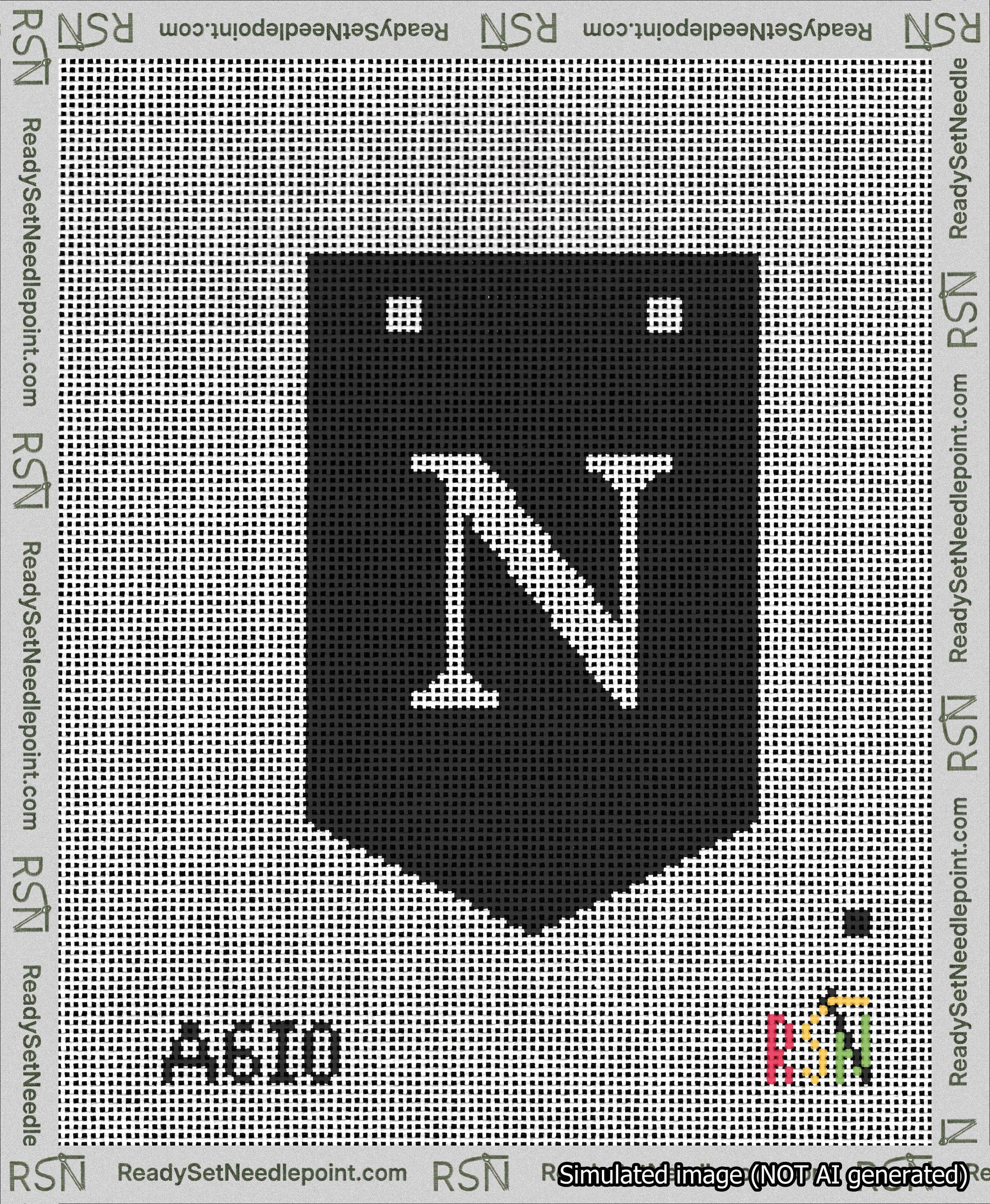 A taped needlepoint canvas with the design: Banner 13 mesh count Pointed N White on Black.