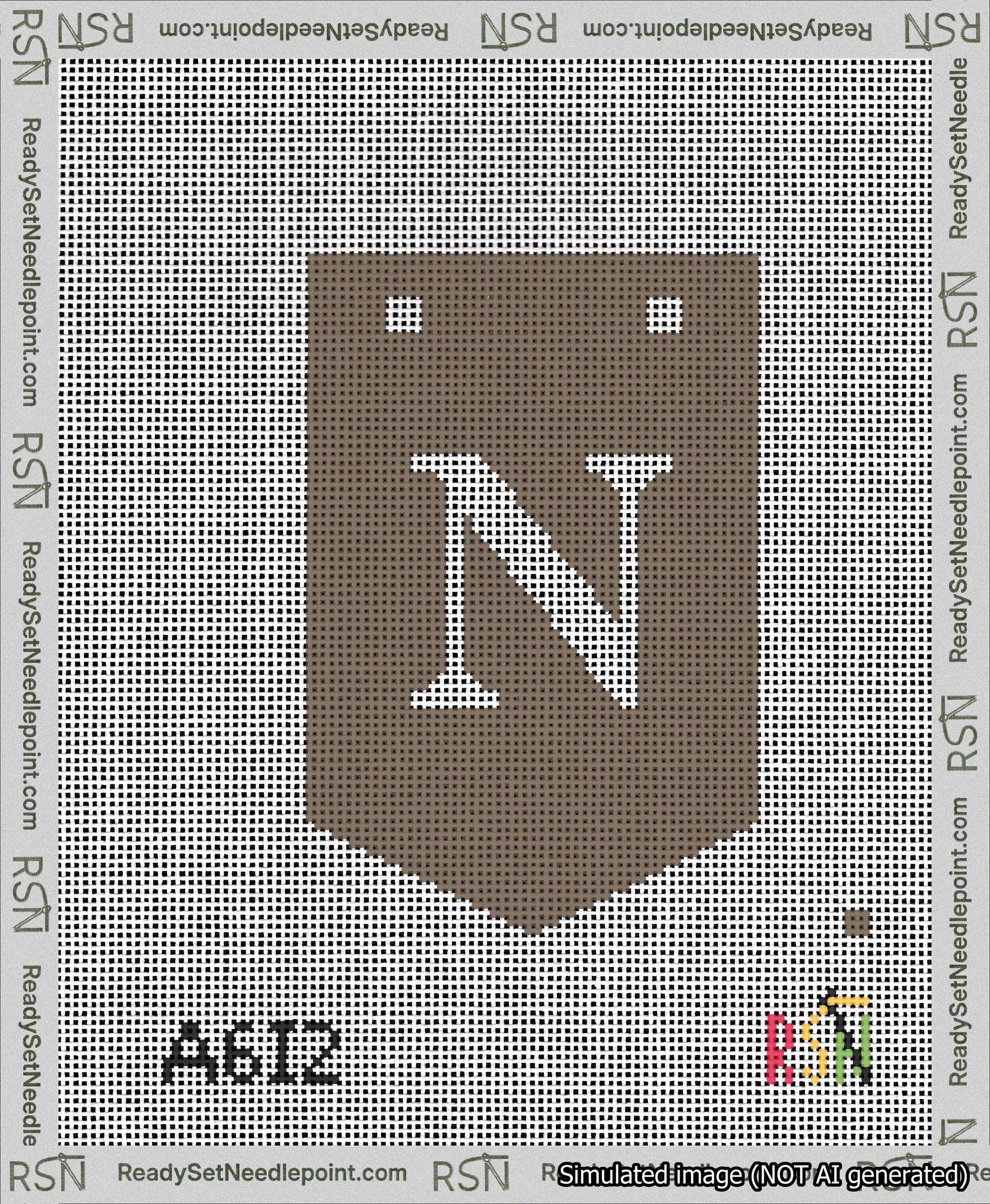 A taped needlepoint canvas with the design: Banner 13 mesh count Pointed N White on Brown.