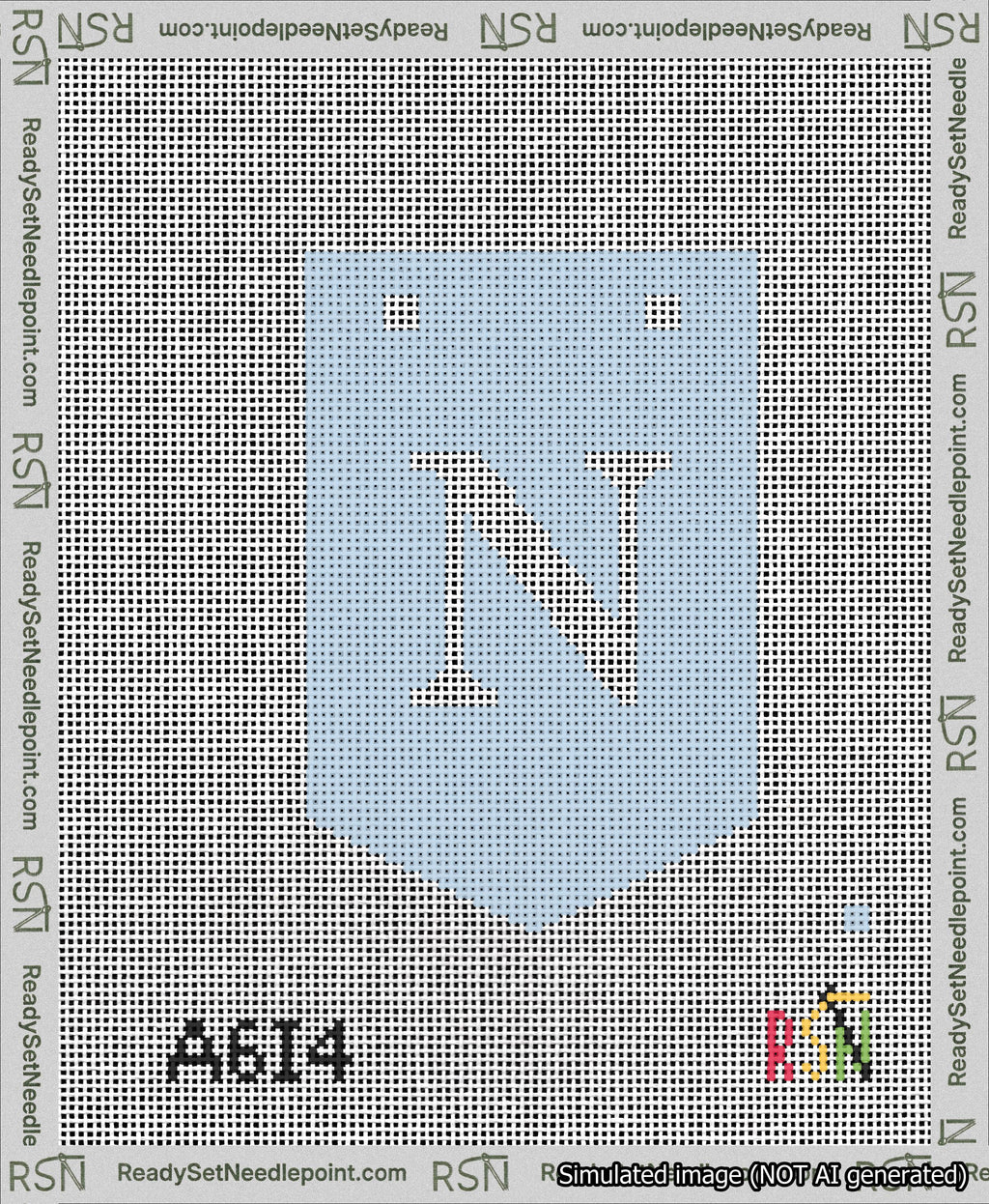 A taped needlepoint canvas with the design: Banner 13 mesh count Pointed N White on Light Blue.