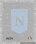 A taped needlepoint canvas with the design: Banner 13 mesh count Pointed N White on Light Blue.