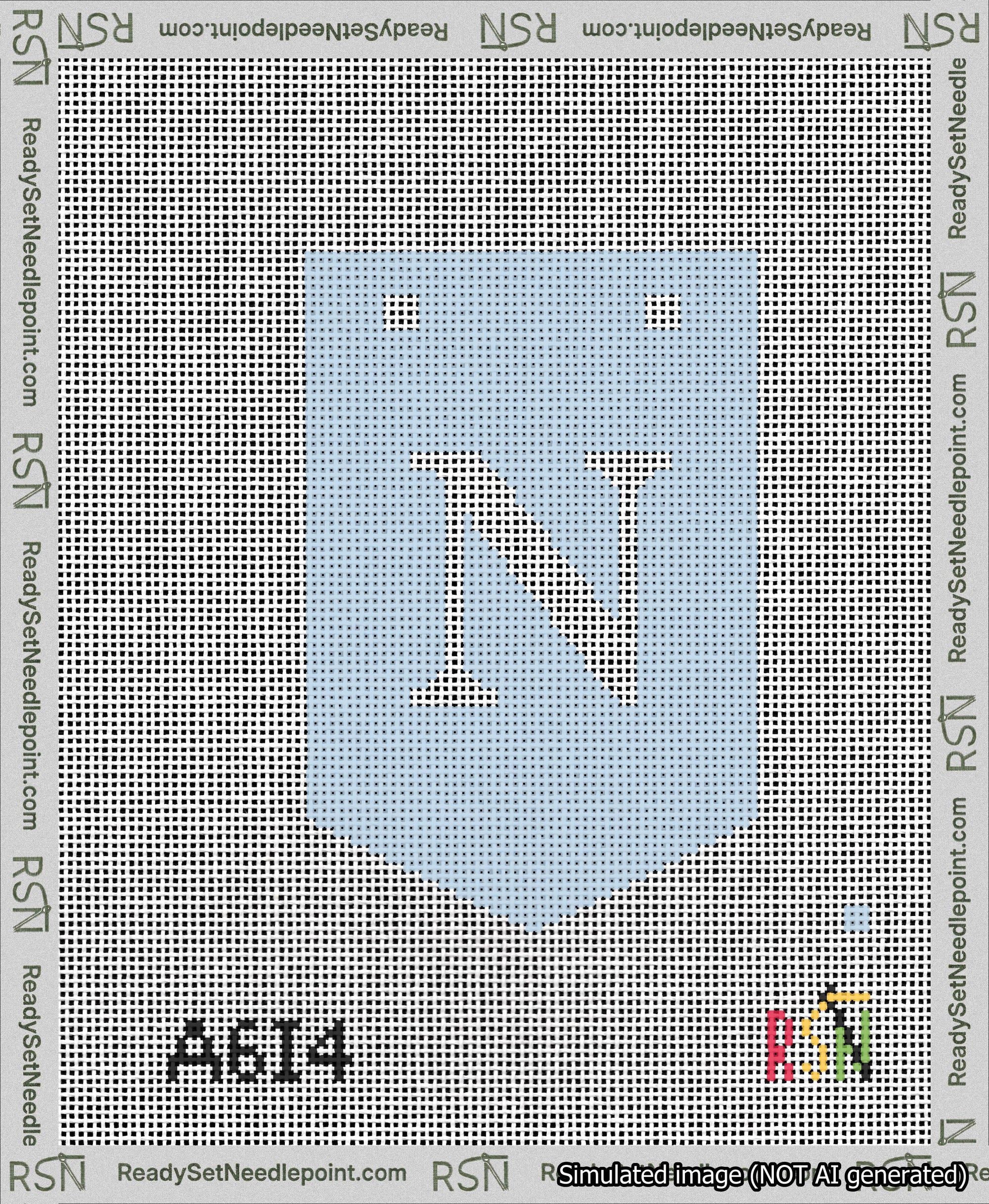 A taped needlepoint canvas with the design: Banner 13 mesh count Pointed N White on Light Blue.