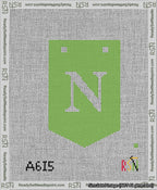 A taped needlepoint canvas with the design: Banner 13 mesh count Pointed N White on Light Green.