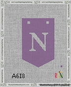 A taped needlepoint canvas with the design: Banner 13 mesh count Pointed N White on Purple.
