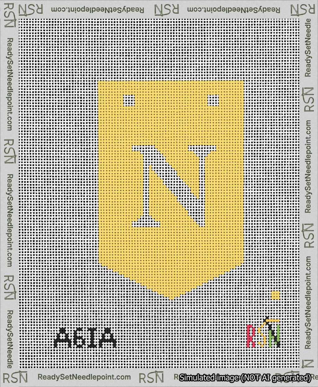 A taped needlepoint canvas with the design: Banner 13 mesh count Pointed N White on Yellow.