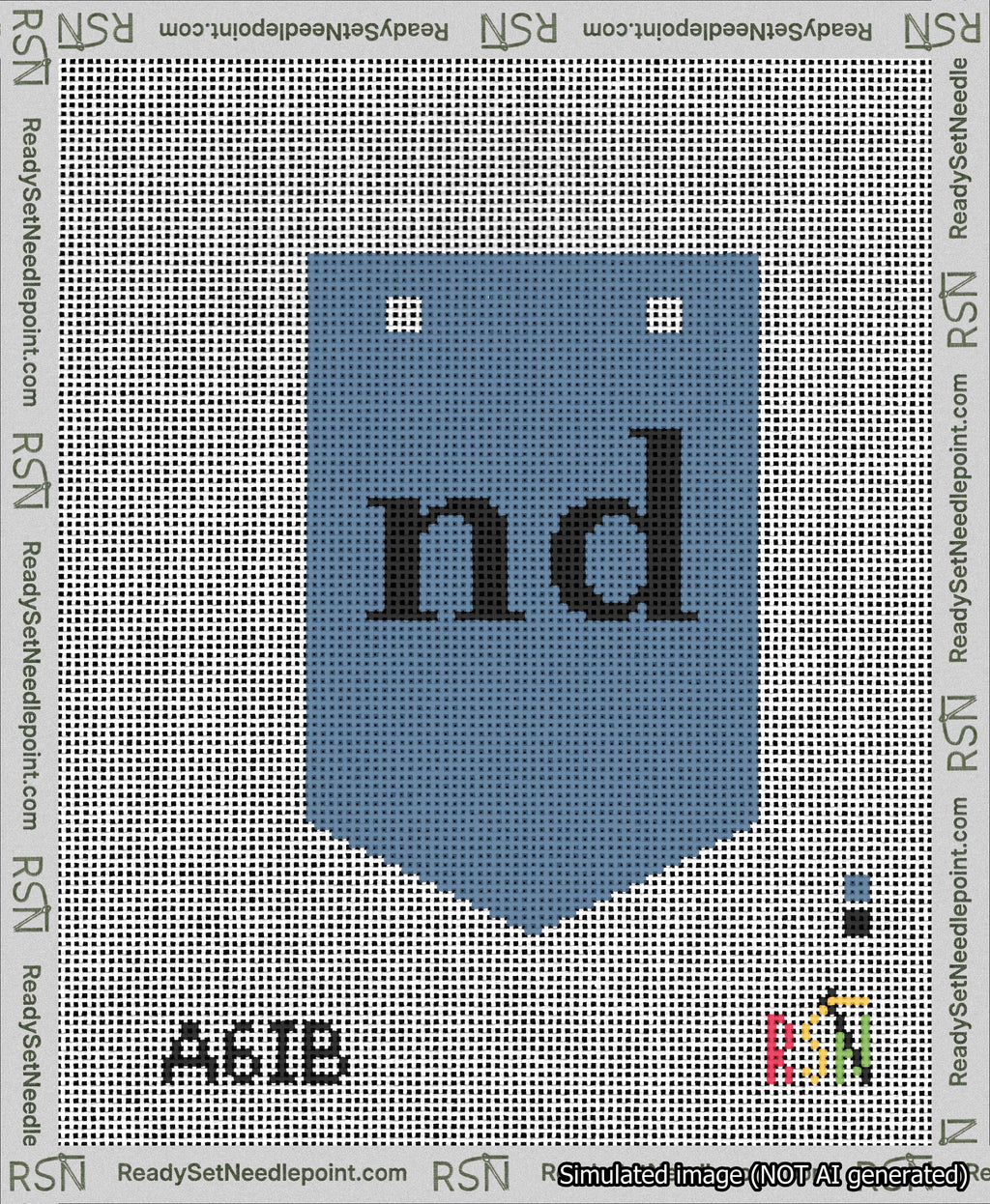 A taped needlepoint canvas with the design: Banner 13 mesh count Pointed nd Black on Blue.