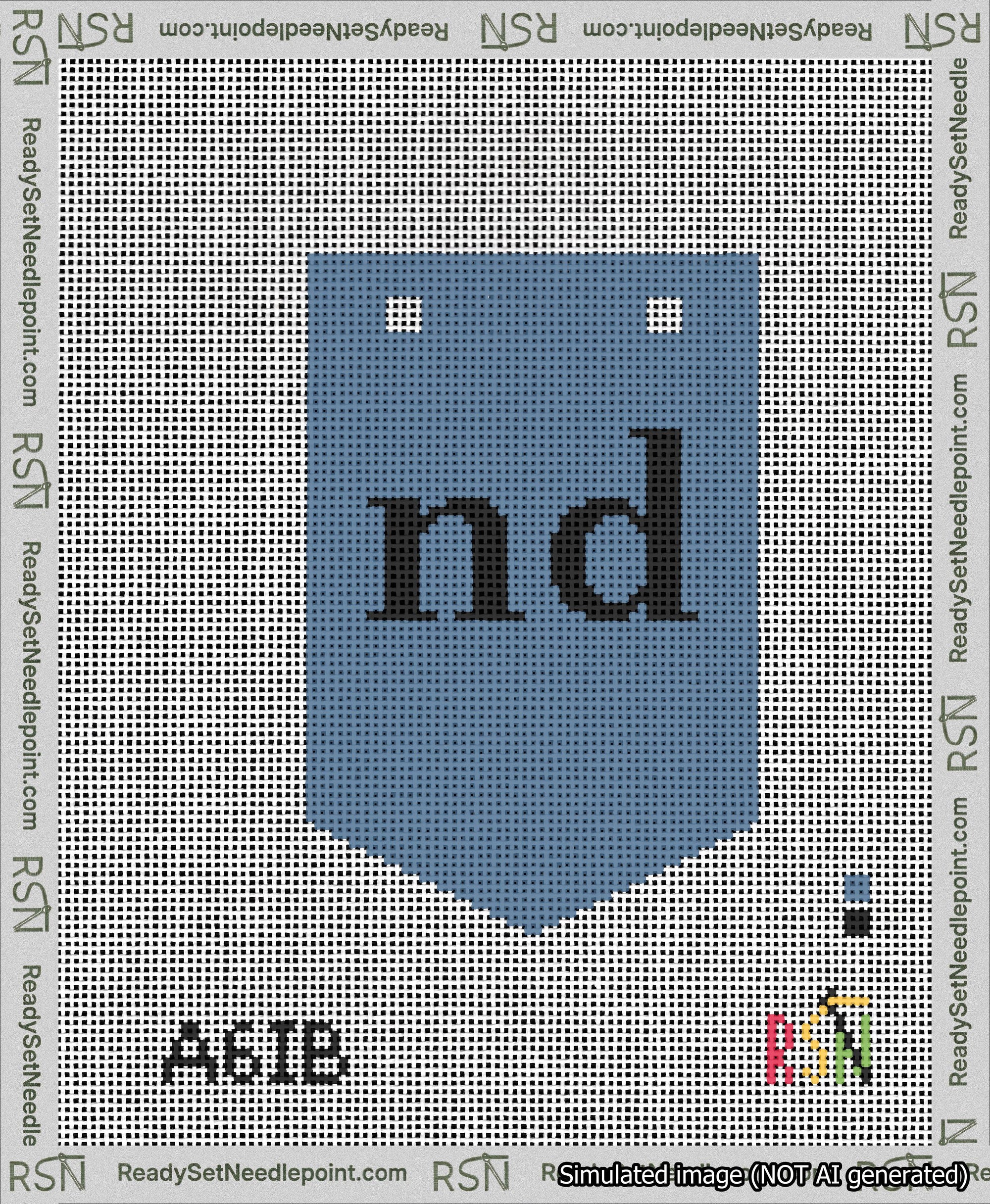 A taped needlepoint canvas with the design: Banner 13 mesh count Pointed nd Black on Blue.