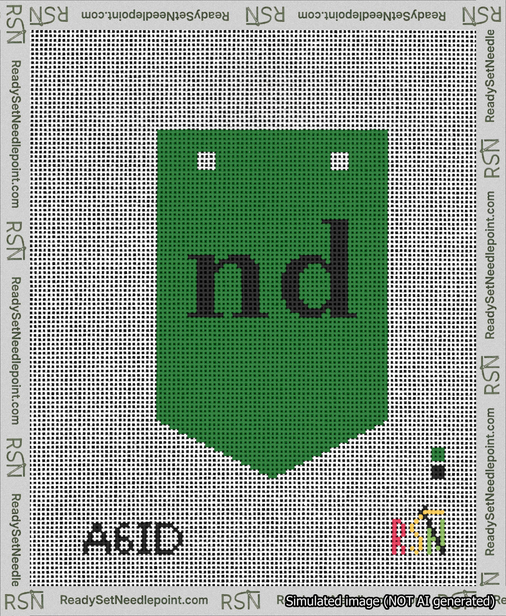 A taped needlepoint canvas with the design: Banner 13 mesh count Pointed nd Black on Green.