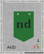A taped needlepoint canvas with the design: Banner 13 mesh count Pointed nd Black on Green.