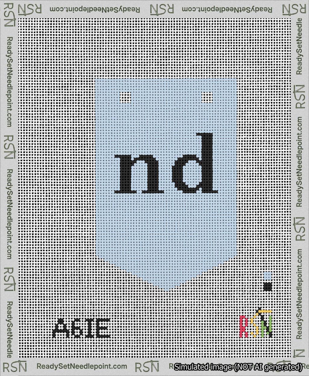 A taped needlepoint canvas with the design: Banner 13 mesh count Pointed nd Black on Light Blue.