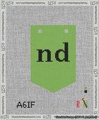 A taped needlepoint canvas with the design: Banner 13 mesh count Pointed nd Black on Light Green.