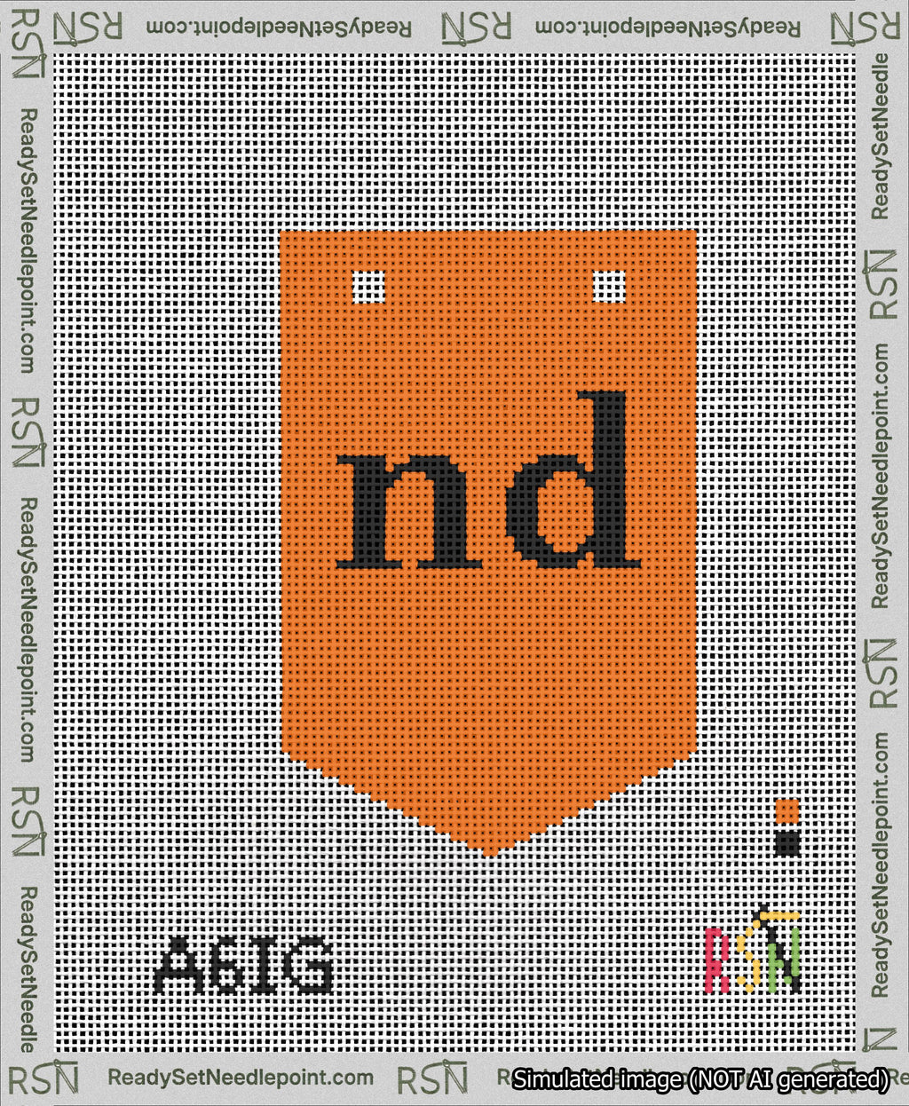 A taped needlepoint canvas with the design: Banner 13 mesh count Pointed nd Black on Orange.