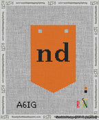 A taped needlepoint canvas with the design: Banner 13 mesh count Pointed nd Black on Orange.