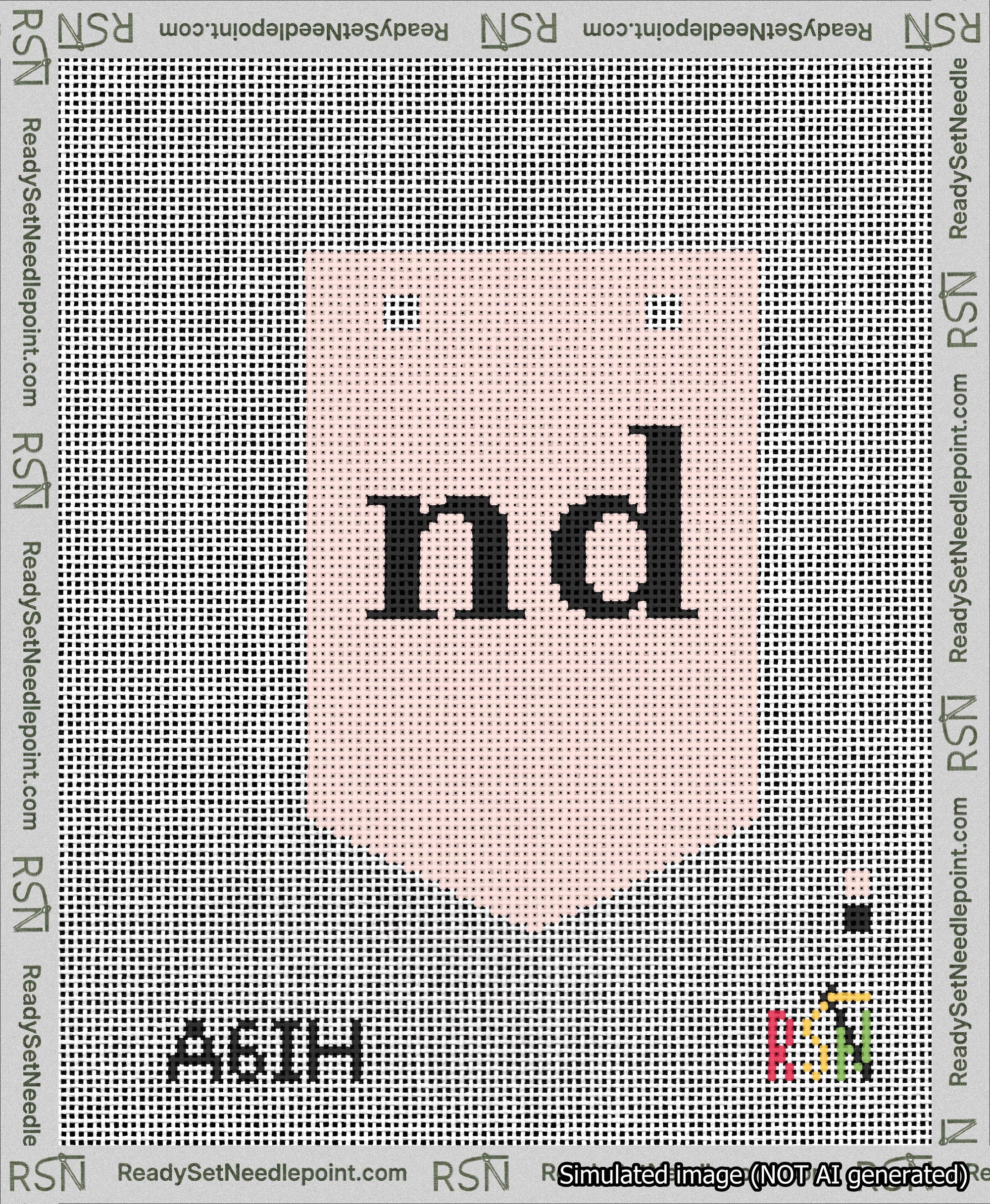 A taped needlepoint canvas with the design: Banner 13 mesh count Pointed nd Black on Pink.