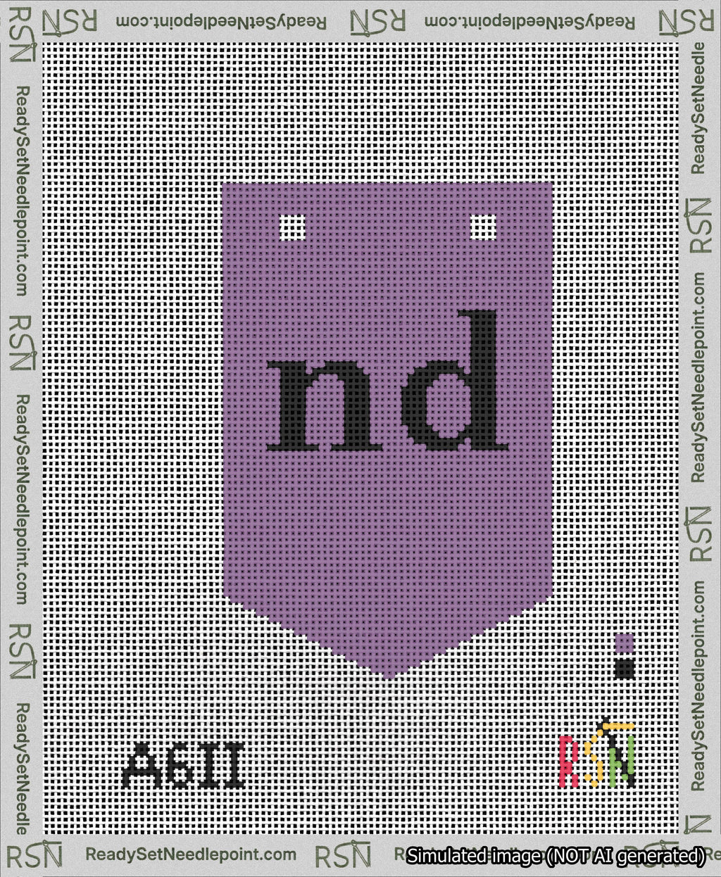 A taped needlepoint canvas with the design: Banner 13 mesh count Pointed nd Black on Purple.