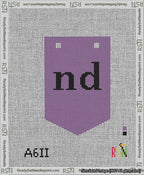A taped needlepoint canvas with the design: Banner 13 mesh count Pointed nd Black on Purple.
