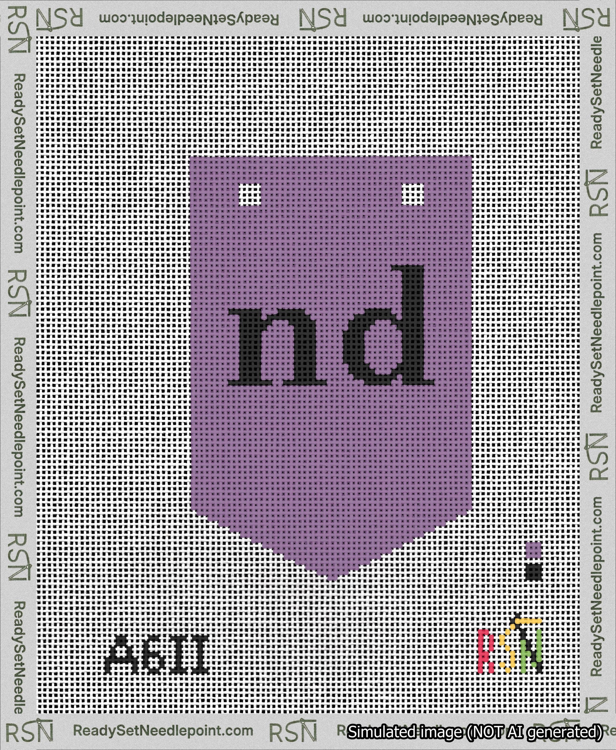 A taped needlepoint canvas with the design: Banner 13 mesh count Pointed nd Black on Purple.