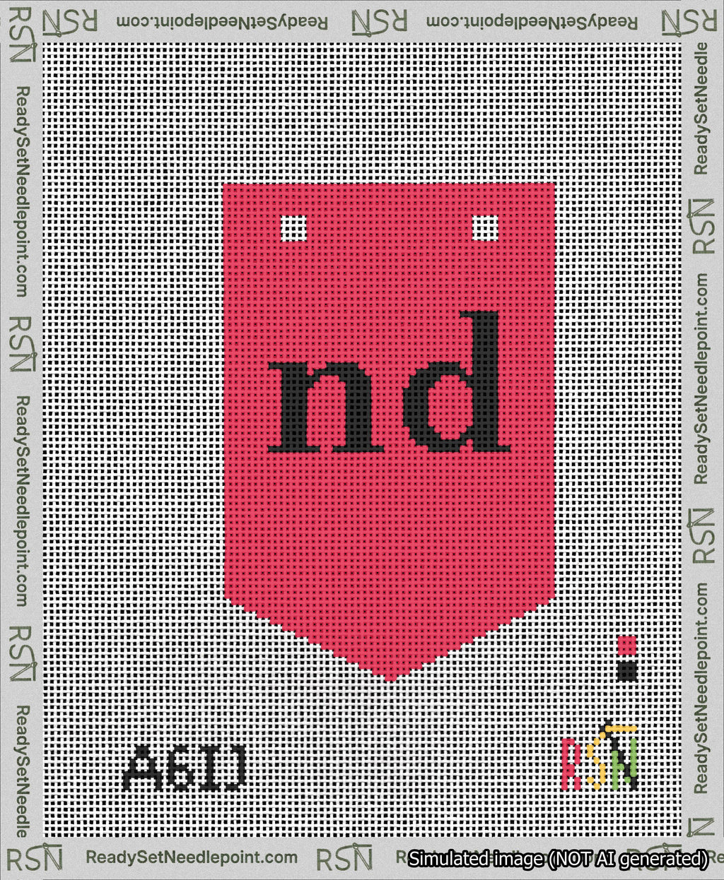 A taped needlepoint canvas with the design: Banner 13 mesh count Pointed nd Black on Red.