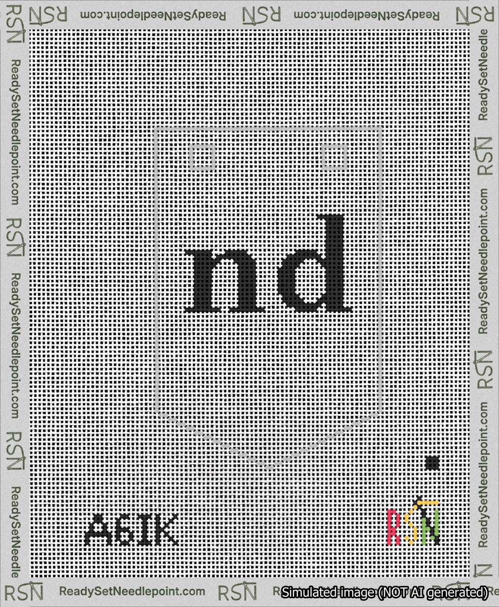 A taped needlepoint canvas with the design: Banner 13 mesh count Pointed nd Black on White.