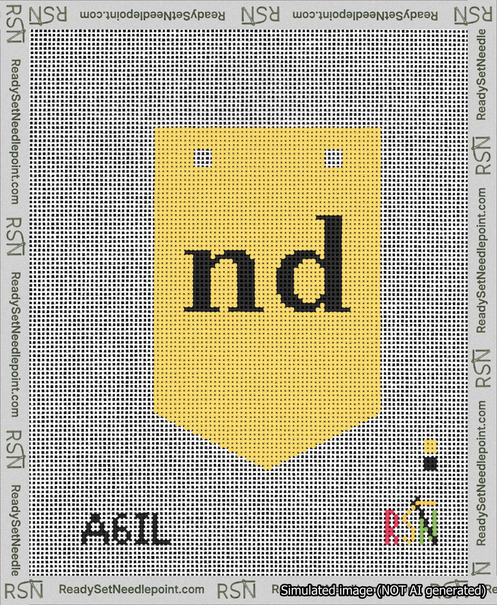 A taped needlepoint canvas with the design: Banner 13 mesh count Pointed nd Black on Yellow.