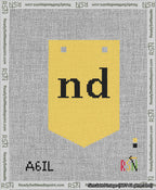 A taped needlepoint canvas with the design: Banner 13 mesh count Pointed nd Black on Yellow.