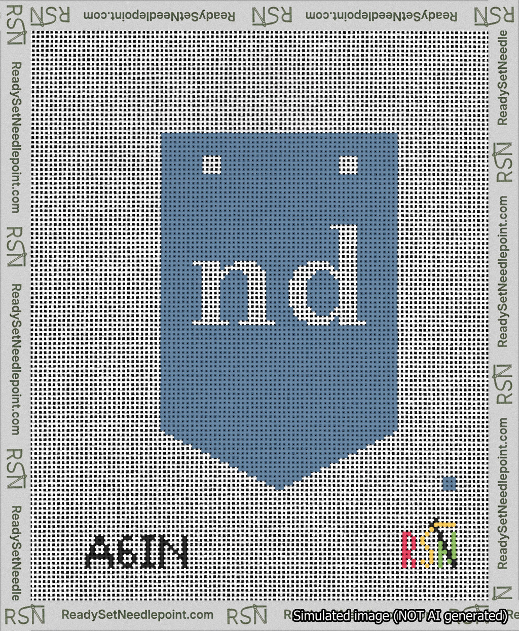 A taped needlepoint canvas with the design: Banner 13 mesh count Pointed nd White on Blue.