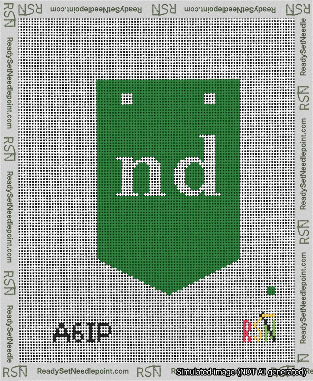 A taped needlepoint canvas with the design: Banner 13 mesh count Pointed nd White on Green.