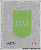 A taped needlepoint canvas with the design: Banner 13 mesh count Pointed nd White on Light Green.
