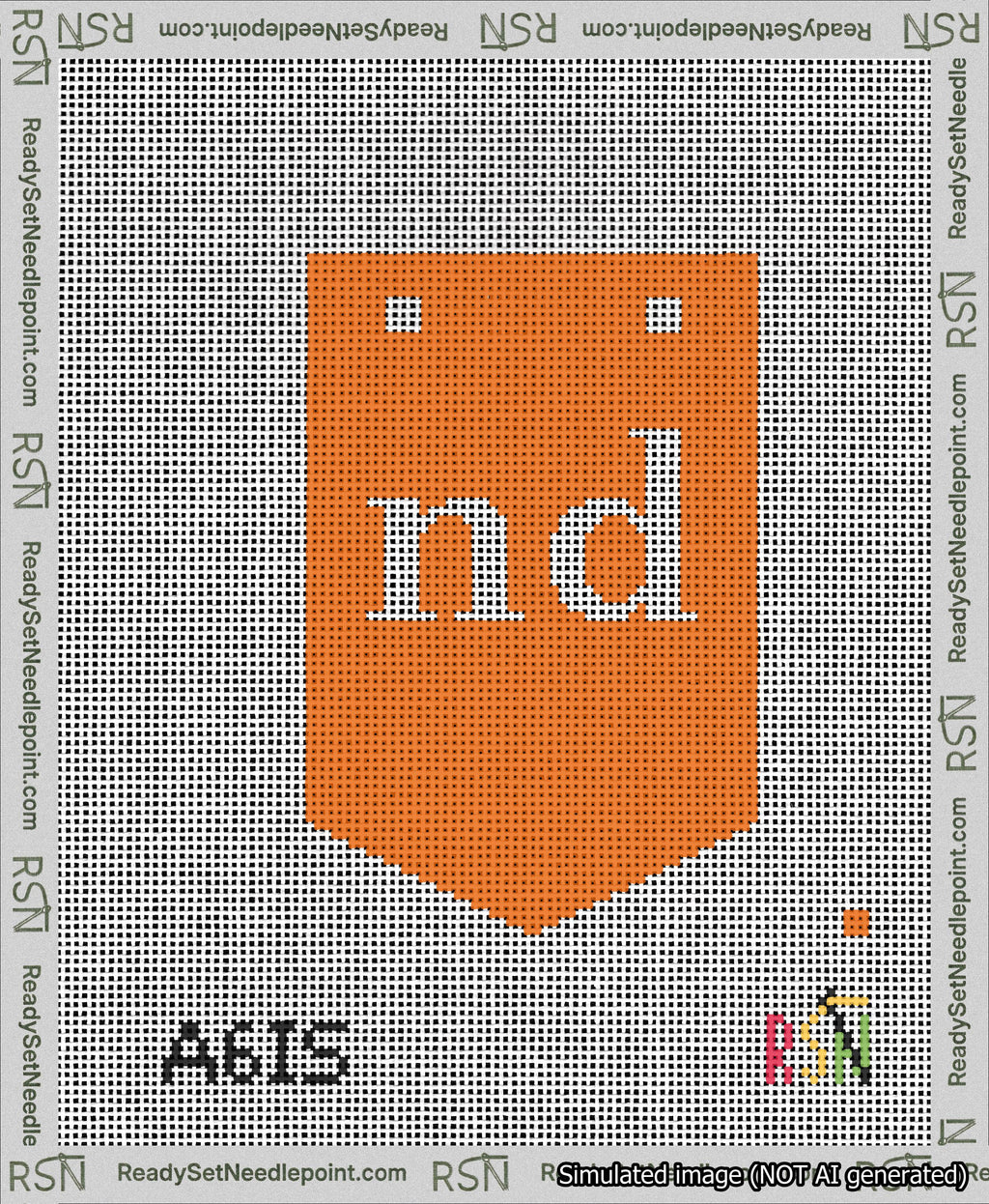 A taped needlepoint canvas with the design: Banner 13 mesh count Pointed nd White on Orange.