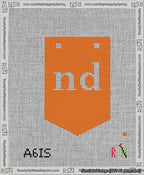 A taped needlepoint canvas with the design: Banner 13 mesh count Pointed nd White on Orange.
