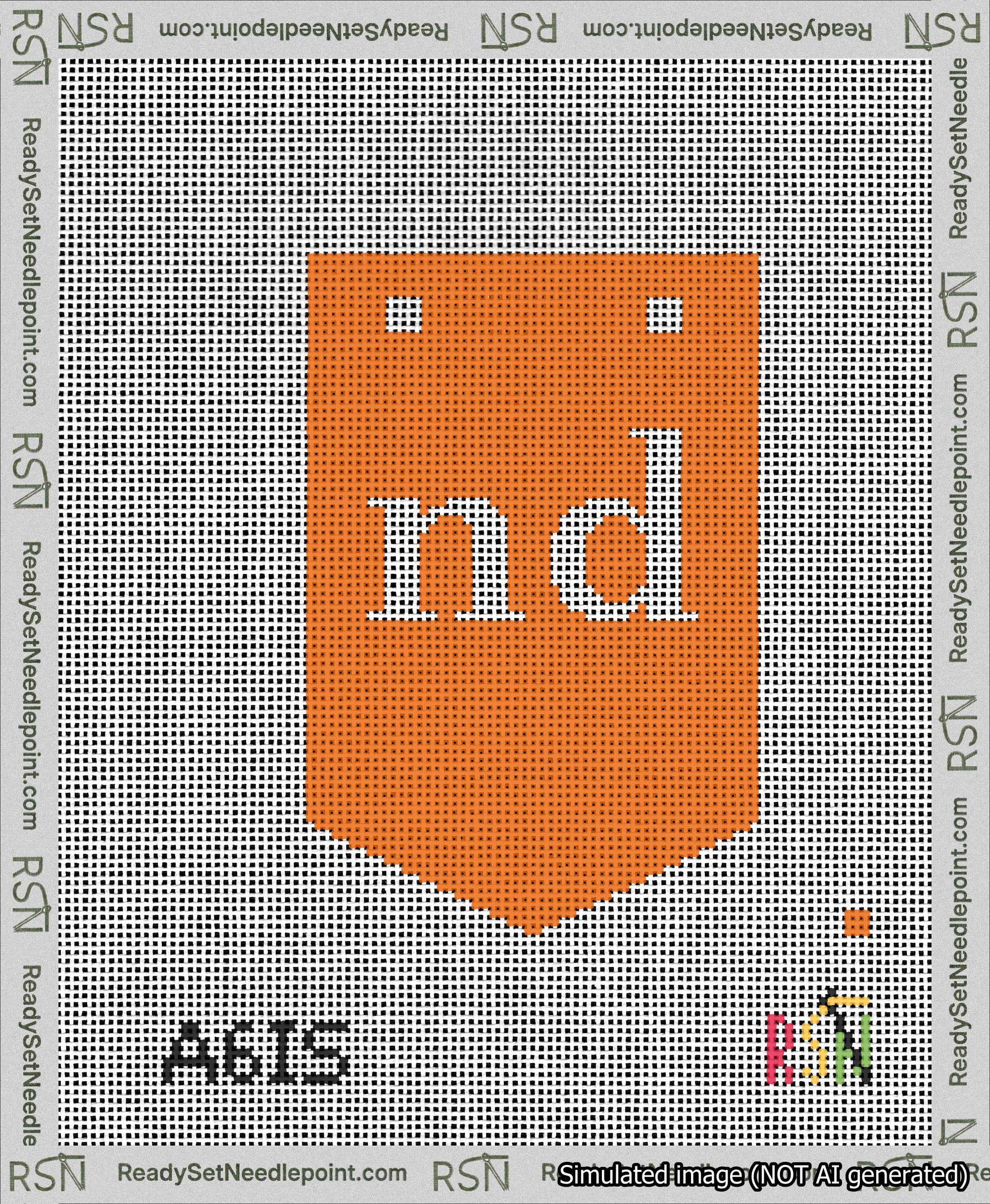 A taped needlepoint canvas with the design: Banner 13 mesh count Pointed nd White on Orange.
