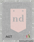 A taped needlepoint canvas with the design: Banner 13 mesh count Pointed nd White on Pink.
