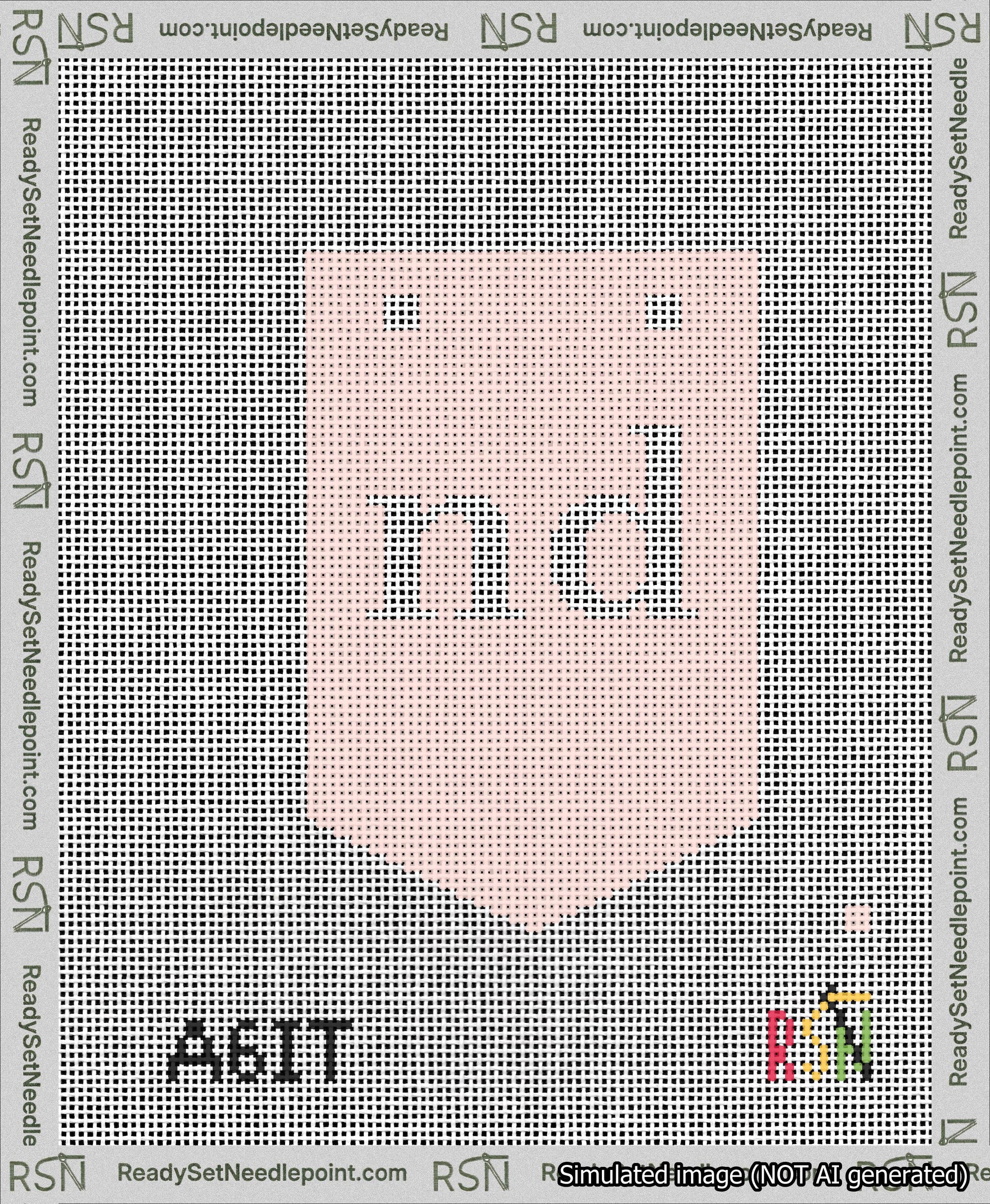 A taped needlepoint canvas with the design: Banner 13 mesh count Pointed nd White on Pink.