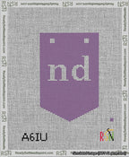 A taped needlepoint canvas with the design: Banner 13 mesh count Pointed nd White on Purple.