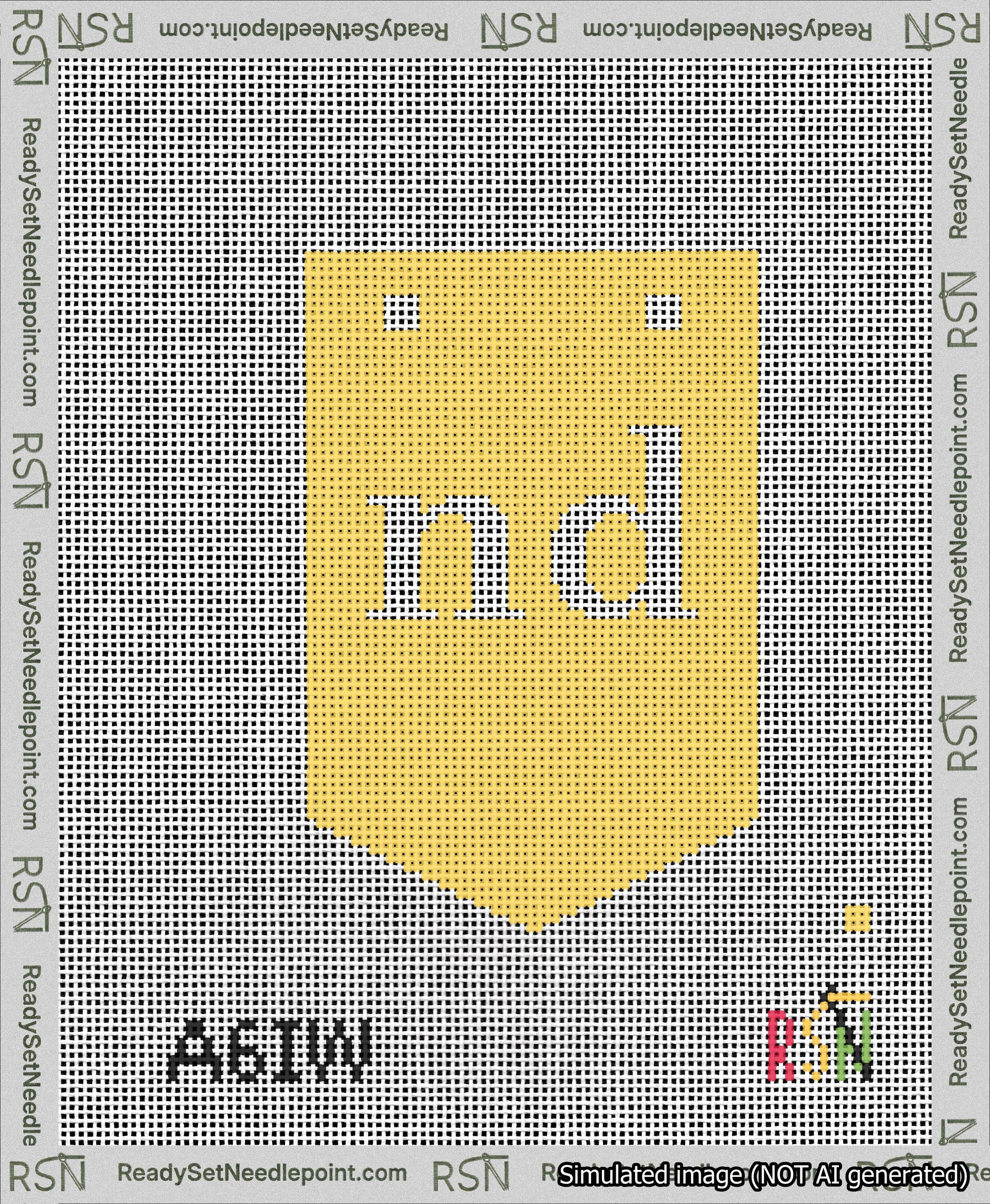 A taped needlepoint canvas with the design: Banner 13 mesh count Pointed nd White on Yellow.