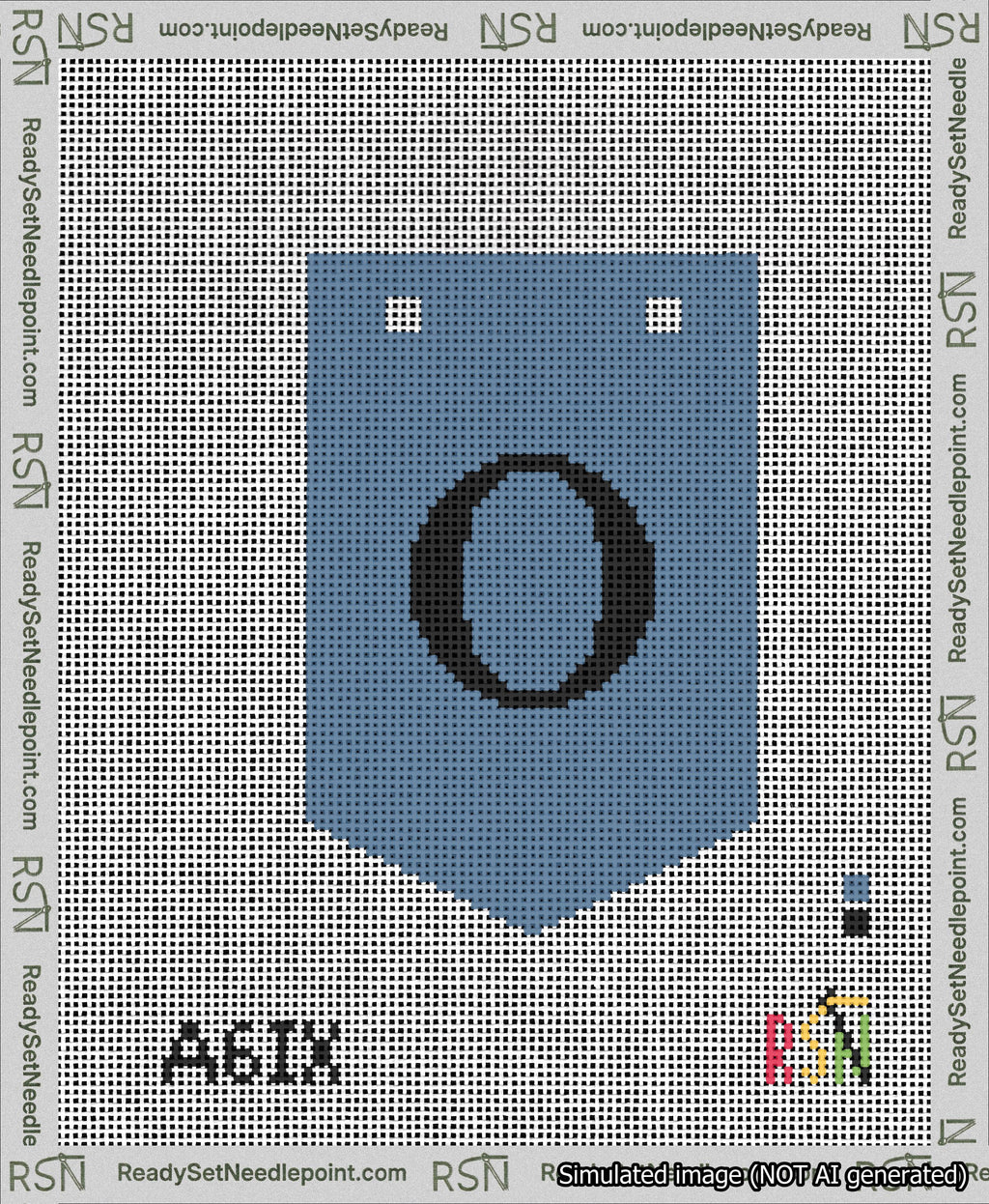 A taped needlepoint canvas with the design: Banner 13 mesh count Pointed O Black on Blue.