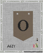 A taped needlepoint canvas with the design: Banner 13 mesh count Pointed O Black on Brown.
