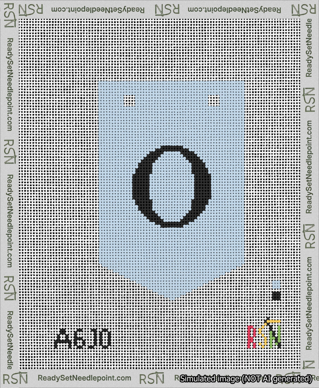 A taped needlepoint canvas with the design: Banner 13 mesh count Pointed O Black on Light Blue.
