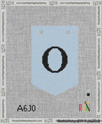 A taped needlepoint canvas with the design: Banner 13 mesh count Pointed O Black on Light Blue.