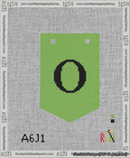 A taped needlepoint canvas with the design: Banner 13 mesh count Pointed O Black on Light Green.