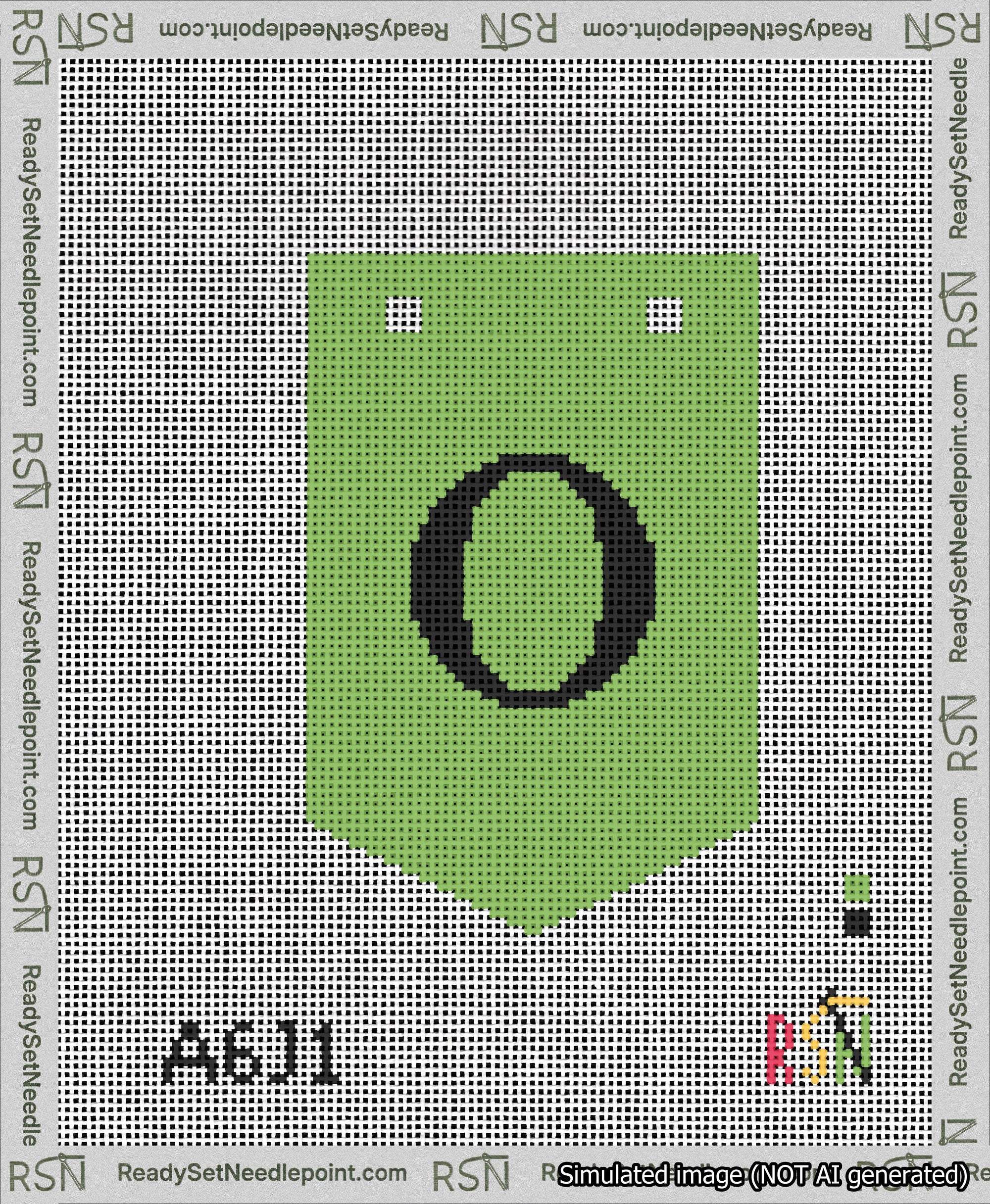 A taped needlepoint canvas with the design: Banner 13 mesh count Pointed O Black on Light Green.