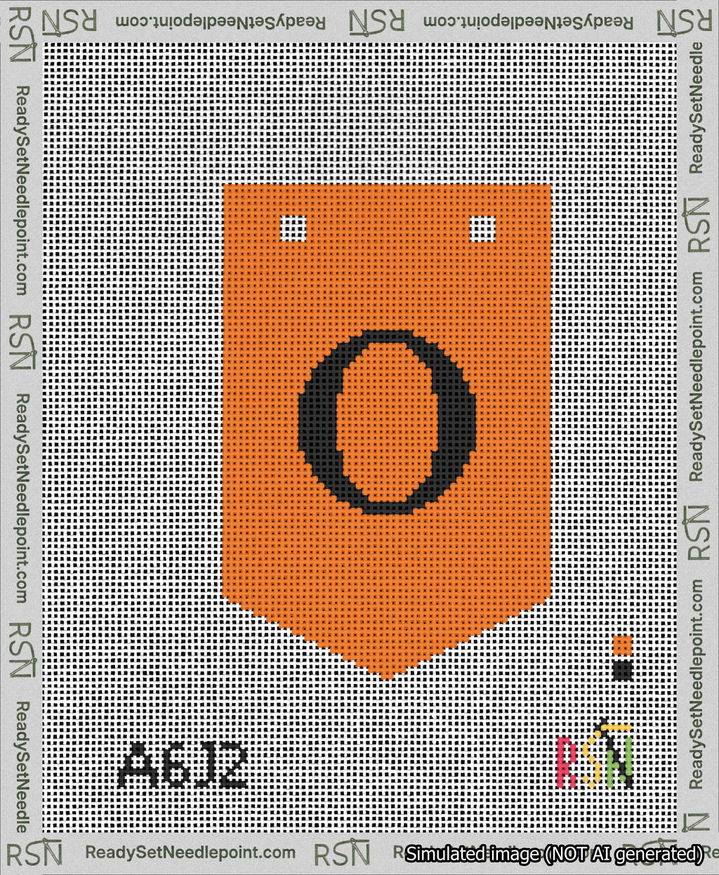 A taped needlepoint canvas with the design: Banner 13 mesh count Pointed O Black on Orange.
