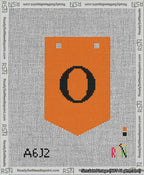 A taped needlepoint canvas with the design: Banner 13 mesh count Pointed O Black on Orange.