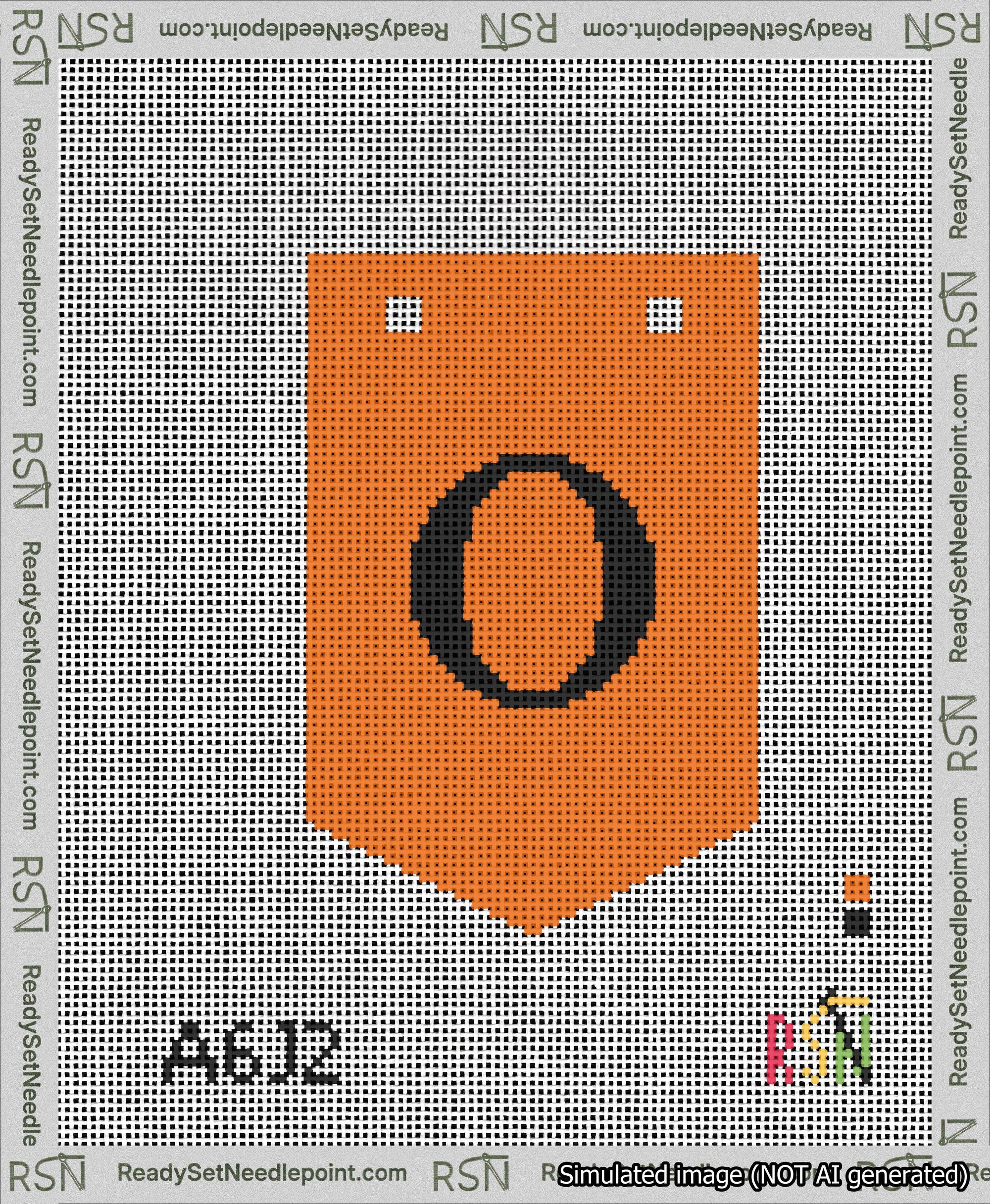 A taped needlepoint canvas with the design: Banner 13 mesh count Pointed O Black on Orange.