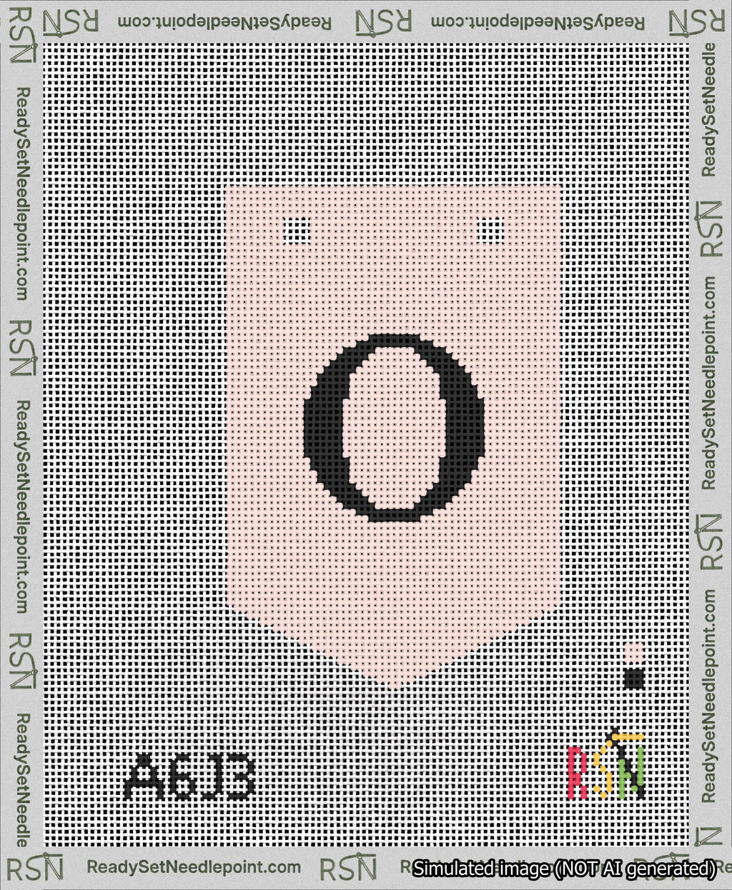A taped needlepoint canvas with the design: Banner 13 mesh count Pointed O Black on Pink.
